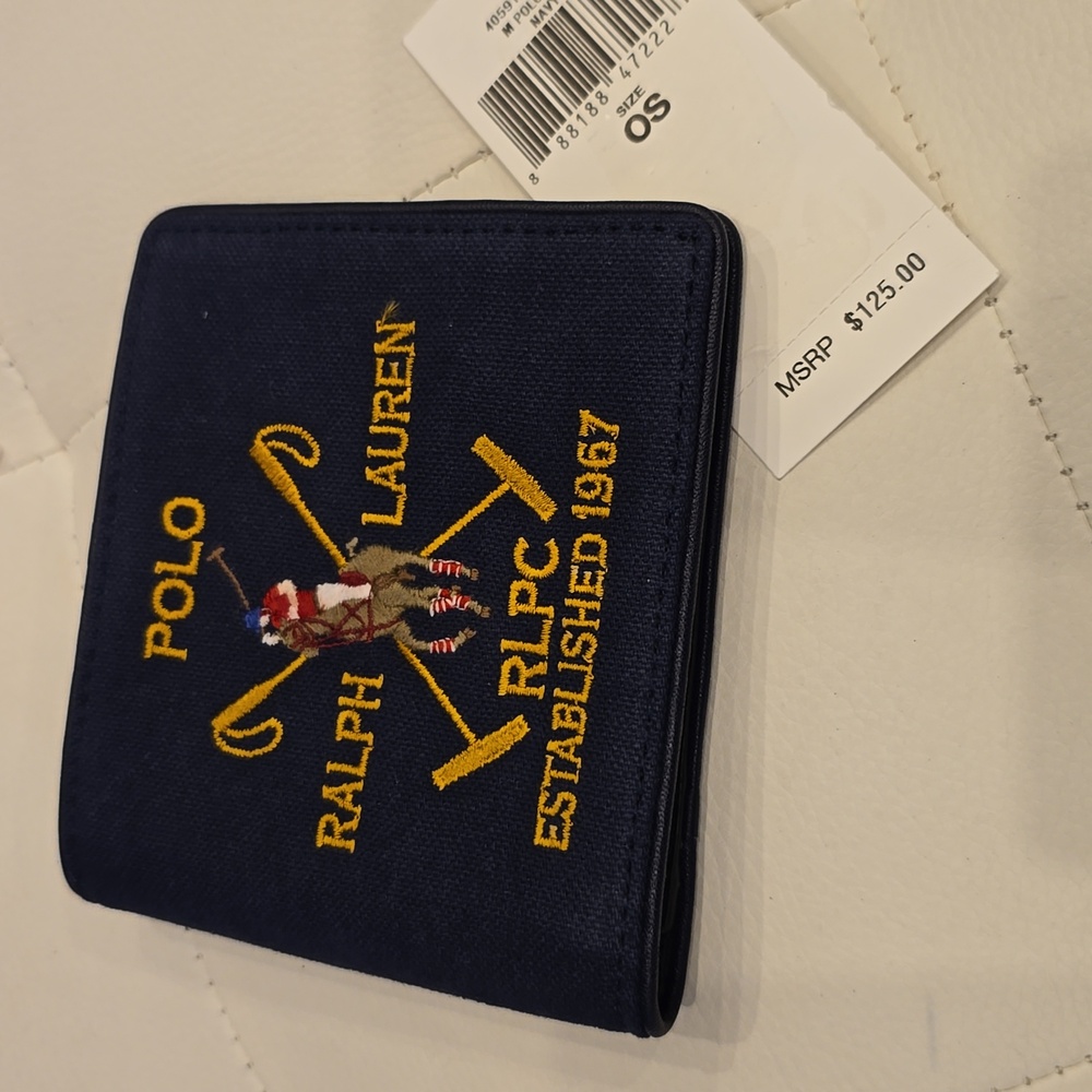 Ralph Lauren Polo Blue canvas plaid Leather Embroidered Wallet Bifold  $125